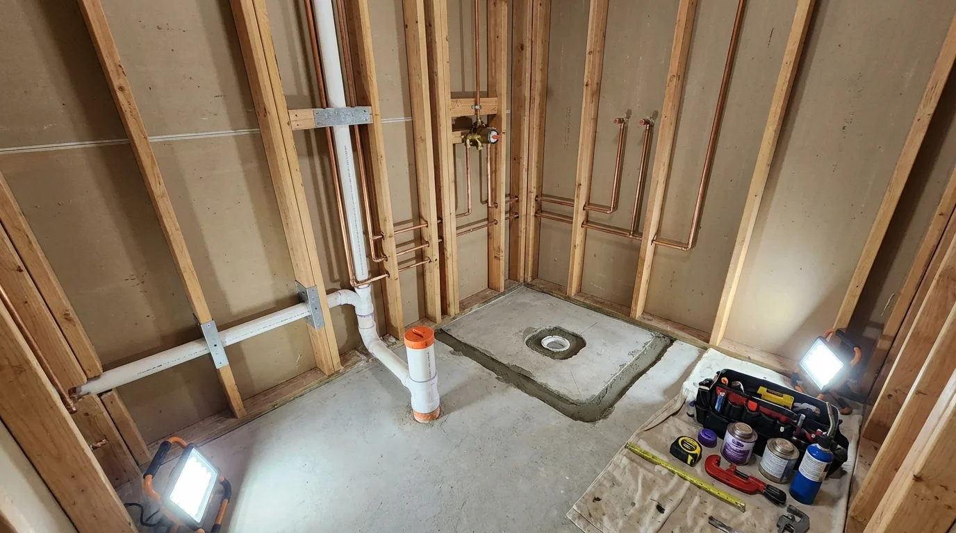 Bathroom rough-in plumbing during remodel by Johns Plumbing LLC in Pine Island