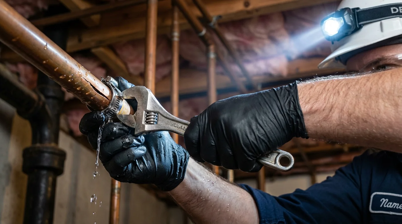 Emergency pipe clamp repair being performed by a Johns Plumbing LLC plumber in Pine Island
