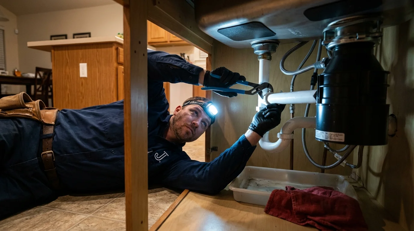 P-trap and supply line connections under a kitchen sink showing a common leak point in Pine Island, MN